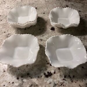 Vintage White Milk Glass Diamond Point Ruffle Edge 6" Square Bowl Dishes (6)
